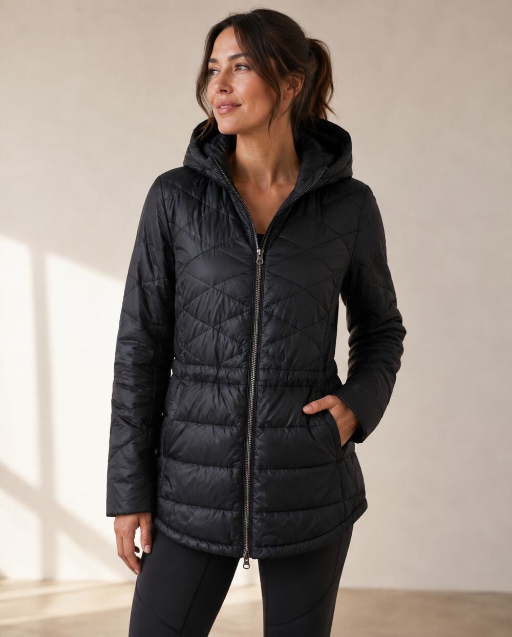 Athleta Uptown Goose Down Puffer Jacket Women’s L Black Hooded Long Winter Coat